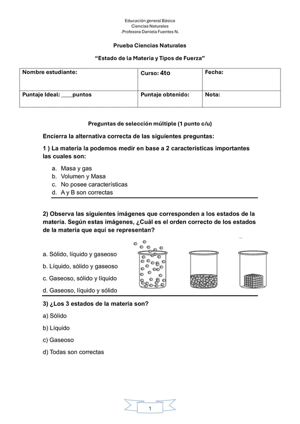 Prueba Estados de la Materia y Fuerza