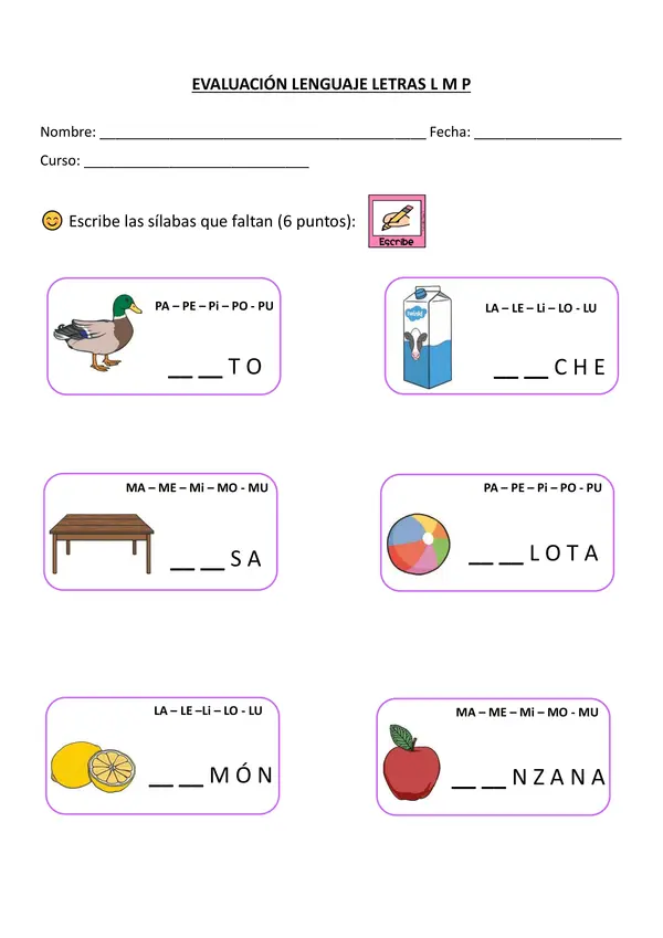 Evaluación lectura de sílabas, palabras y frases con M. P Y L.