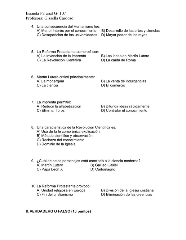Evaluación Humanismo, Reforma y Revolución Científica