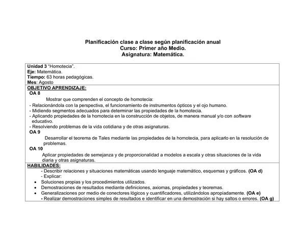 Planificación Clase a Clase Agosto - Matemática - 1° Medio