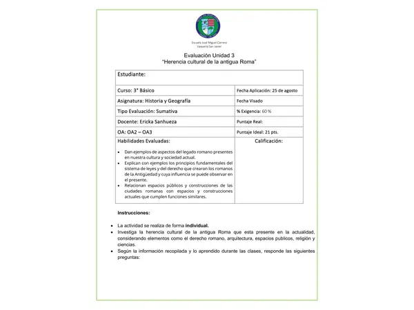 Evaluación - Herencia cultural de la antigua Roma (general y adaptada)