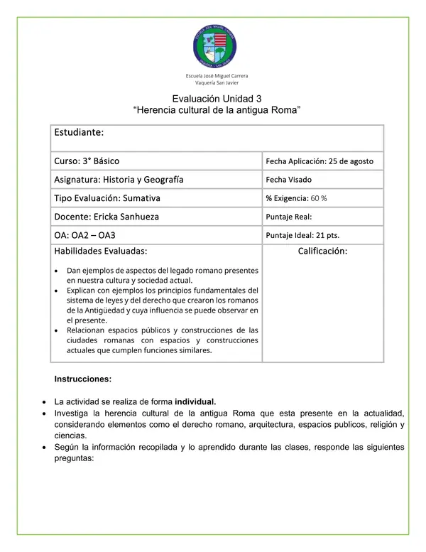 Evaluación - Herencia cultural de la antigua Roma (general y adaptada)
