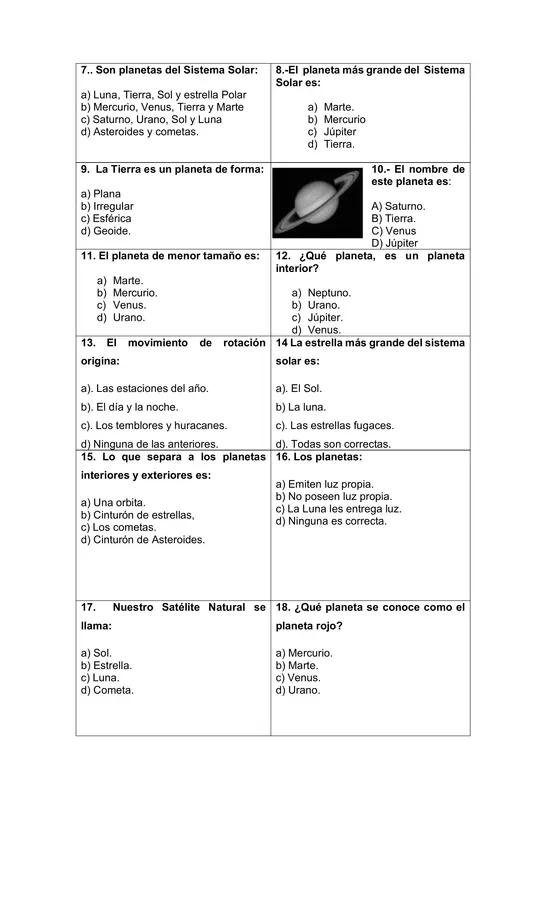 Prueba Sistema Solar 3° Básico