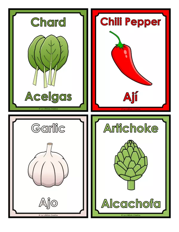 Flash Cards Vegetables Food Bilingual English Spanish
