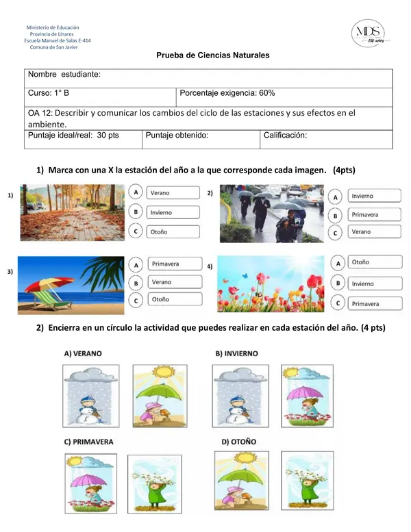 Evaluación estaciones del año primero básico