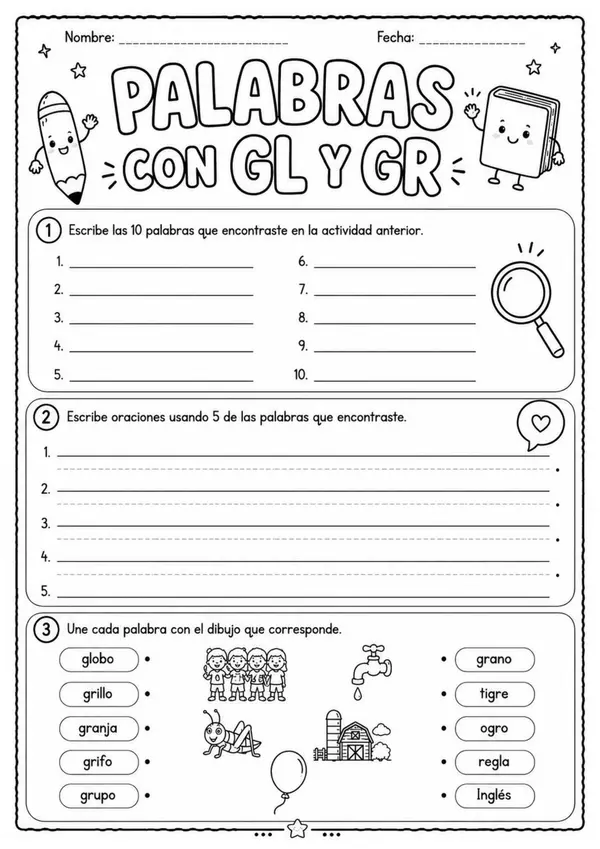 🧩 PALABRAS CON GL Y GR – Material Recortable ✂️
