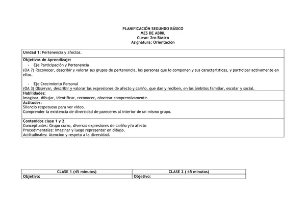 Planificación Clase a Clase: Abril | Orientación Segundo Básico