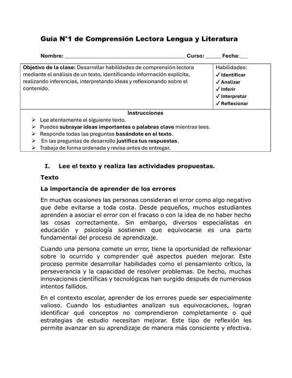 Guía 1 comprensión lectora 1, 2 medio. 