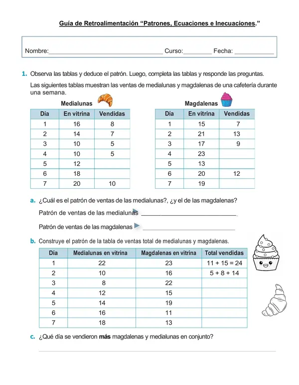 Guía retroalimentación 4°año, unidad "Patrones, ecuaciones e inecuaciones"