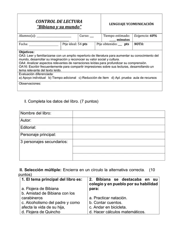 Control de lectura "Bibiana y su mundo"