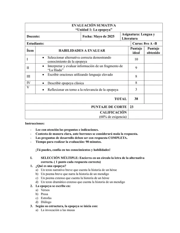 Evaluación sumativa "La epopeya"
