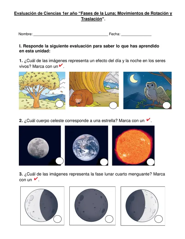Evaluación de ciencias, Primer año "La Luna, movimientos de la Tierra" Primer año.