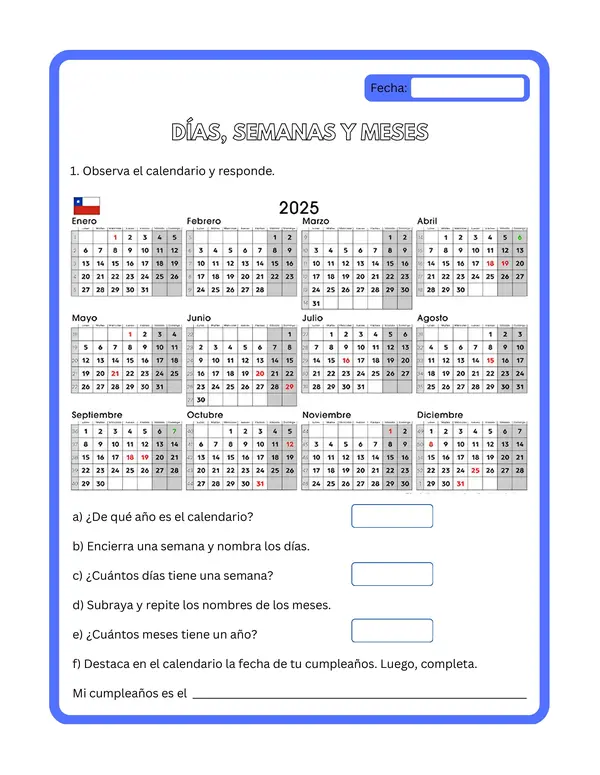 2° básico - Ficha de aprendizaje "Días, semanas y meses"