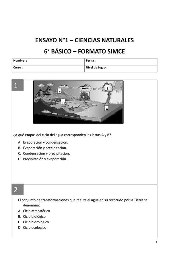 ENSAYO SIMCE  N1 CIENCIAS NATURALES 