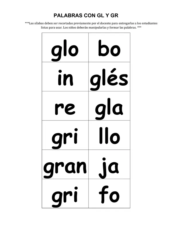 🧩 PALABRAS CON GL Y GR – Material Recortable ✂️