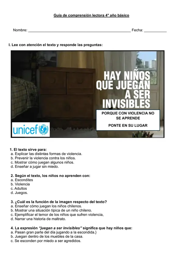 Guía comprensión "Afiche unicef" 4° año.