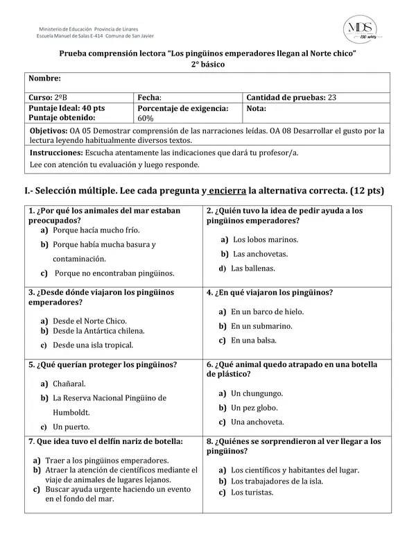 Prueba Los pingüinos emperadores llegan al Norte Chico 2° básico