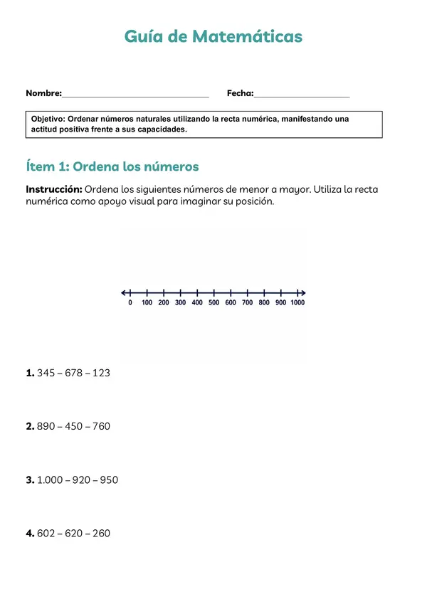 Guía: ordenar números naturales en recta.