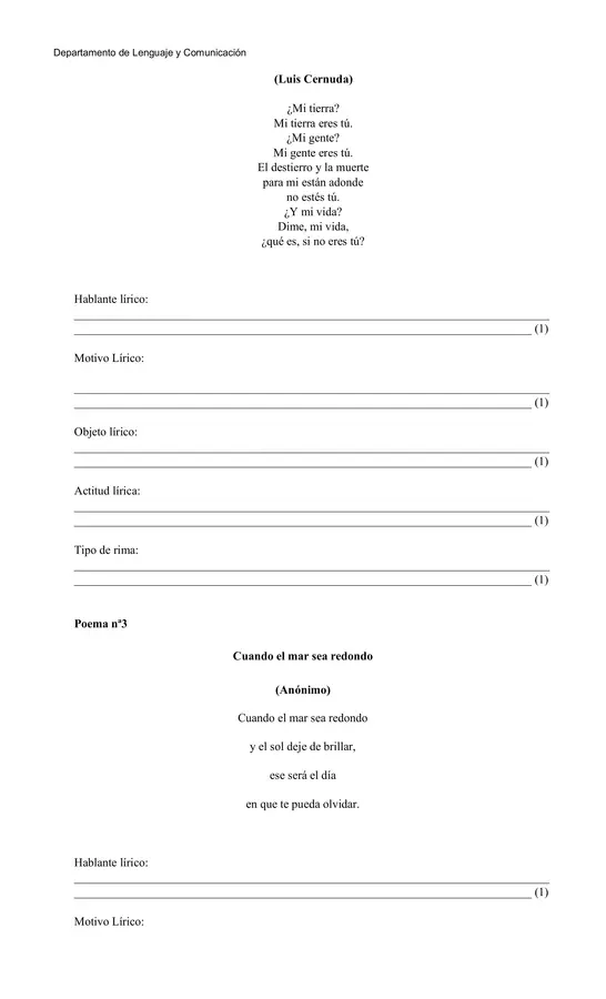 Evaluación del Género Lírico + Comprensión Lectora - editable con pauta