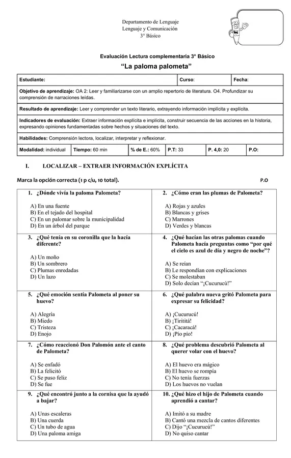 Prueba lectura complementaria "La paloma Palometa"