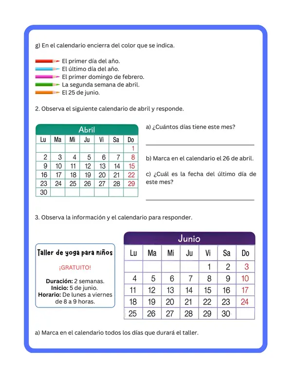 2° básico - Ficha de aprendizaje "Días, semanas y meses"