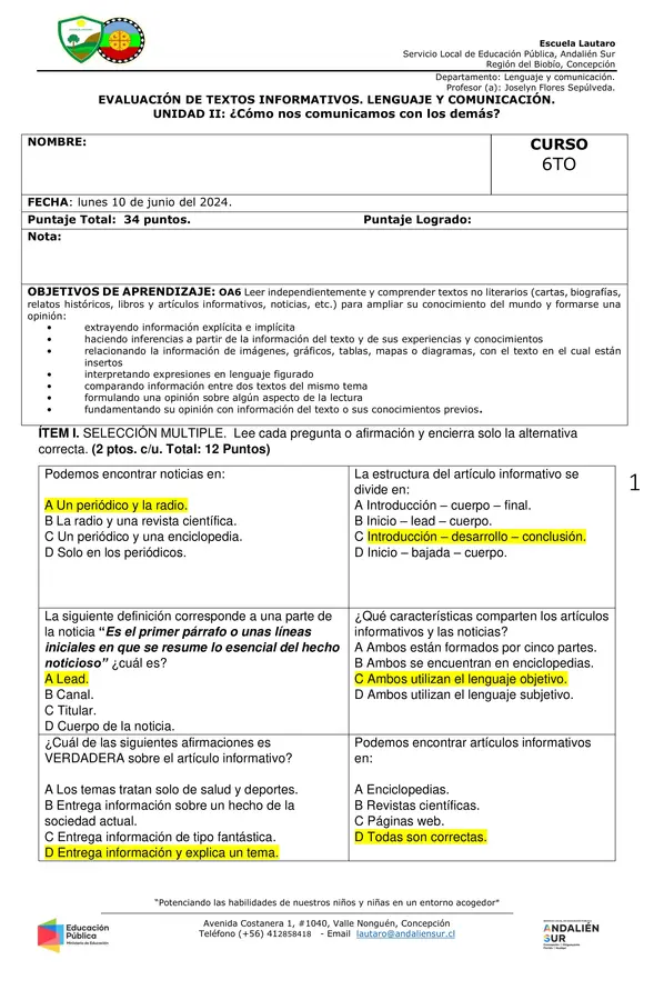 Evaluación Textos informativos 6to básico.