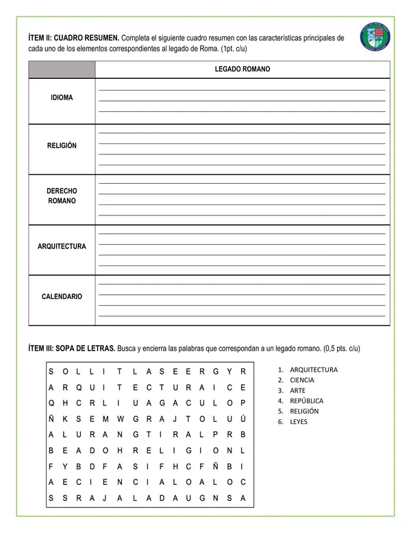 Evaluación - Herencia cultural de la antigua Roma (general y adaptada)
