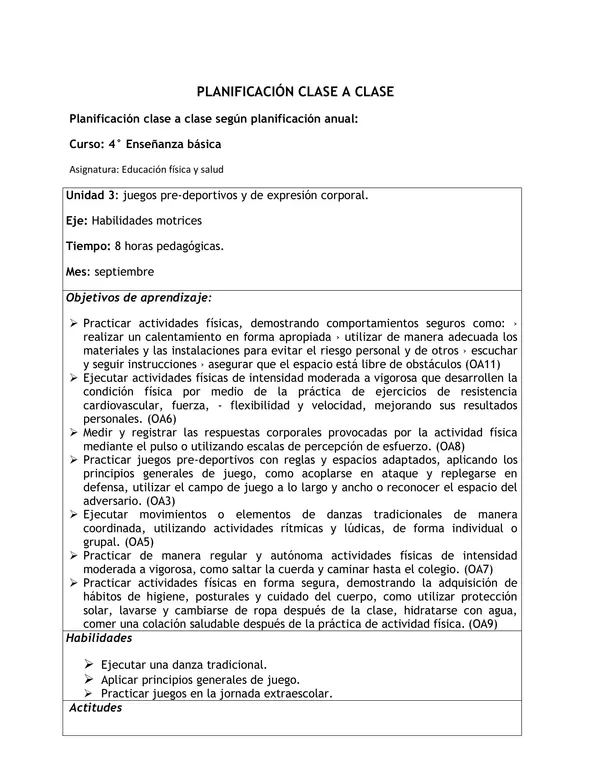 Planificación Clase a Clase: Septiembre | Educación Física y Salud Cuarto Básico