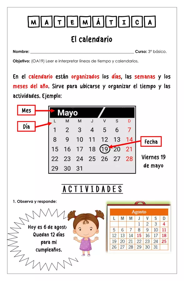 Guía de trabajo - Calendario - 3° básico