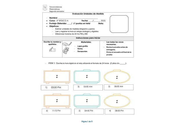 Evaluación Unidades de medida - Hora - Kilogramo y gramo