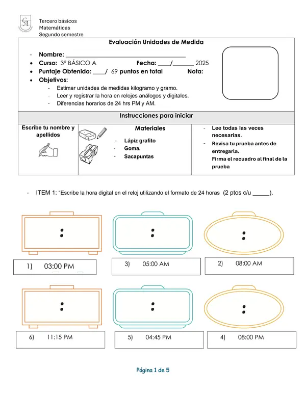Evaluación Unidades de medida - Hora - Kilogramo y gramo