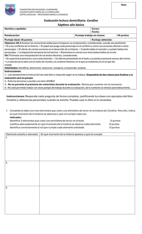 Evaluación lectura domiciliaria "Coraline"
