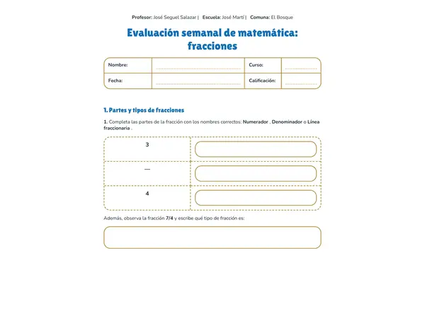 Evaluación de Fracciones – 4° Básico