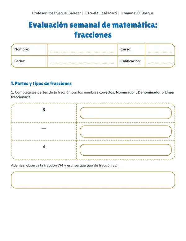 Evaluación de Fracciones – 4° Básico