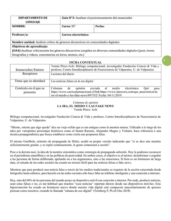 GUÍA N°3. UNIDAD N°3. LENGUA Y LITERATURA. TERCERO MEDIO. 