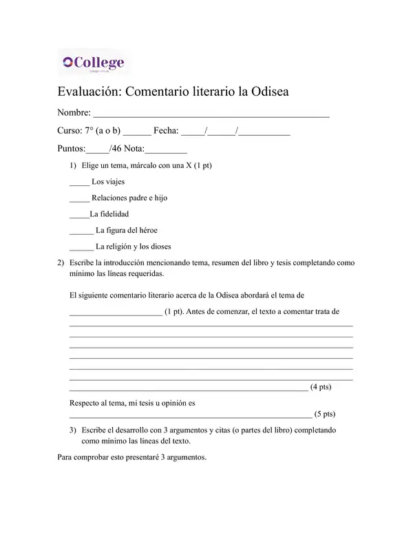 Evaluación comentario literario la odisea
