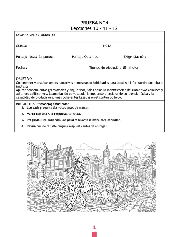 Prueba N° 4 lenguaje lecciones 10-11 y 12 2° Básico
