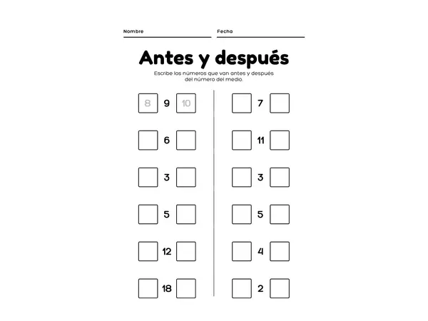 Antecesor y sucesor de números hasta el 20