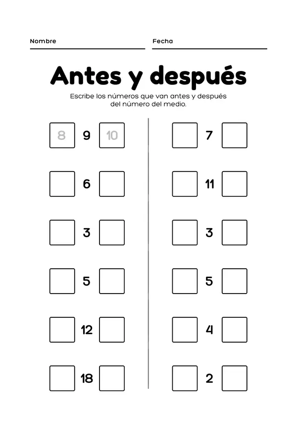 Antecesor y sucesor de números hasta el 20