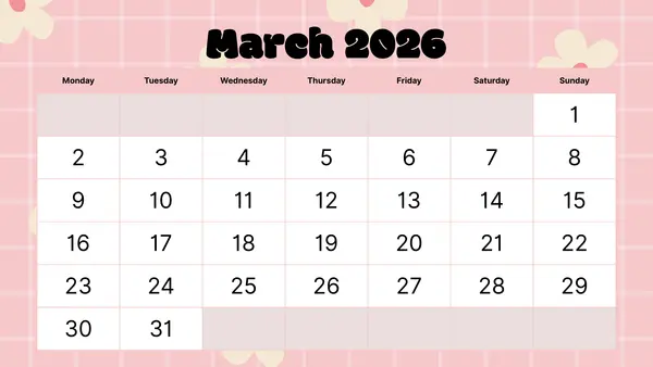 Calendario 2026 en inglés