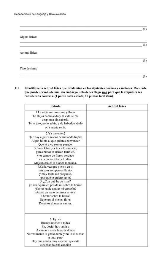 Evaluación del Género Lírico + Comprensión Lectora - editable con pauta