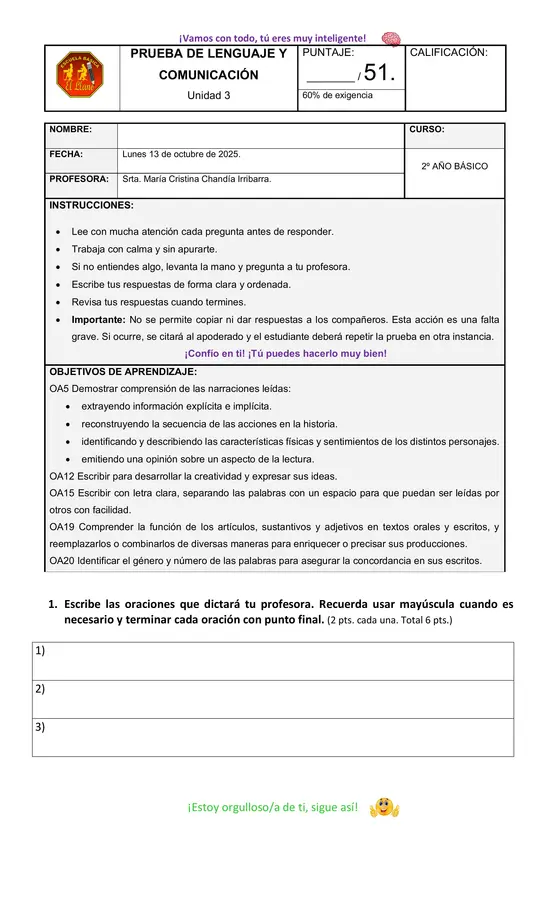 Prueba de Lenguaje y Comunicación Unidad 3, Segundo básico.