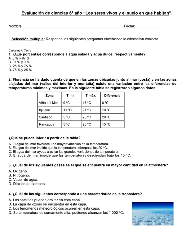 Evaluación de ciencias 6°año "Los seres vivos y el suelo en que habitan"