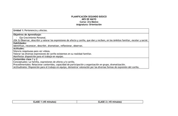 Planificación Clase a Clase: Abril | Orientación Segundo Básico