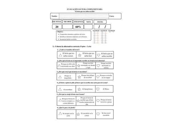 Evaluación Libro "el león que no sabia escribir"