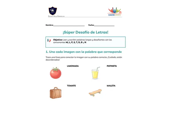Guía Lenguaje: Desafío de letras 1° Básico (Lectura y escritura)