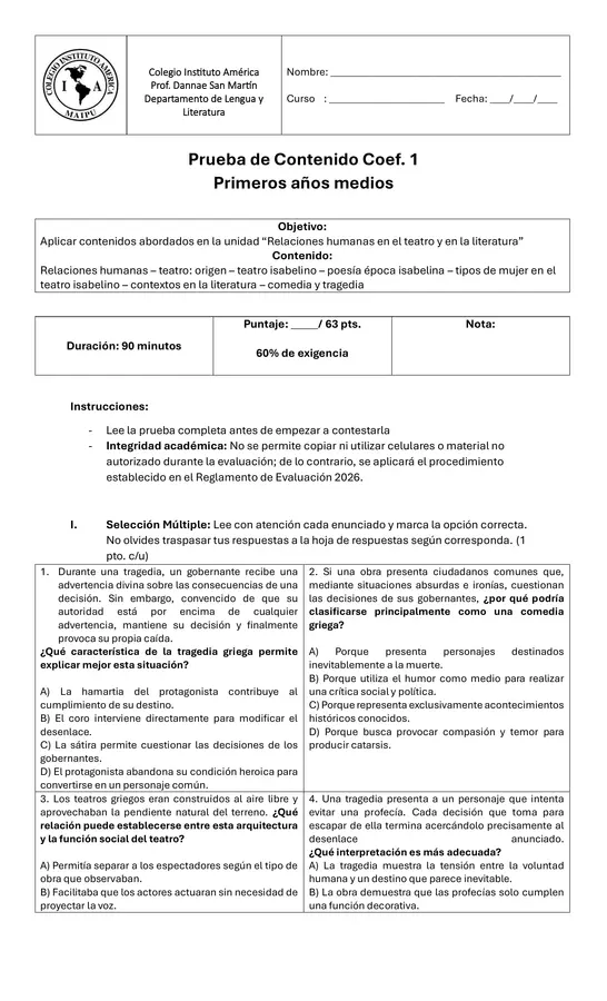 Prueba unidad "Relaciones humanas en la literatura y en el teatro"