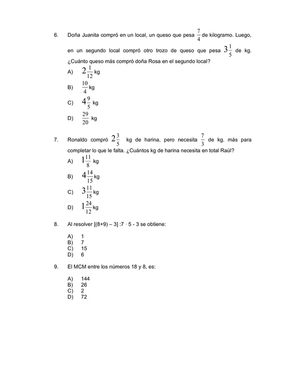 Evaluacion de Matematica 6 Basico: multiplos y divisores