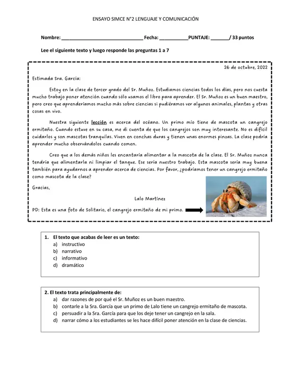 Ensayo SIMCE N°2 Lenguaje y comunicación