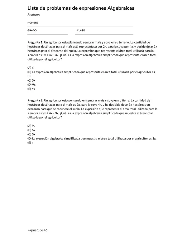 Lista de 50 problemas de expresiones algebraícas con solucionario